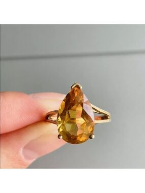 10K Gold Genuine Citrine Pear Shape Solitaire Ring